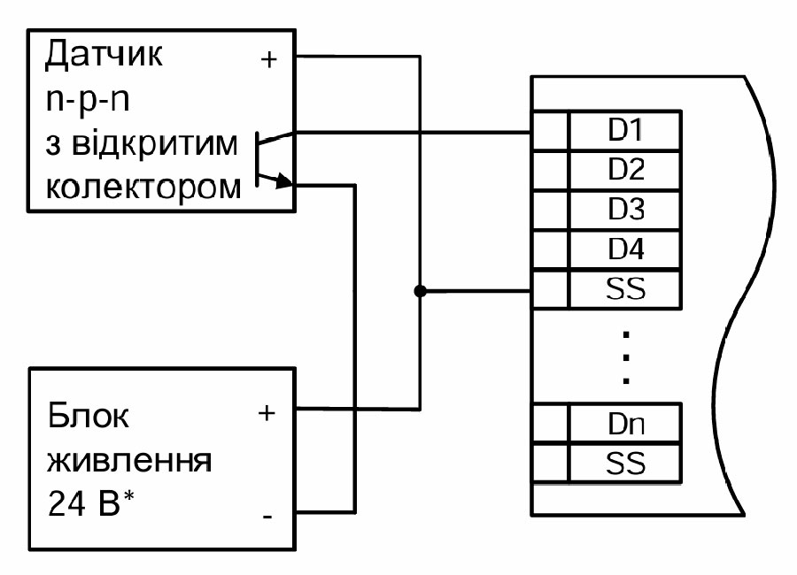 Схема підмикання датчиків n-p-n типу з відкритим колектором